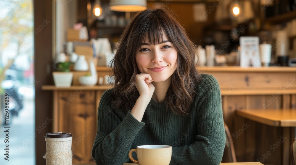A cheerful woman in a warm caf?, enjoying a coffee break and exuding a sense of relaxation and contentment. A cheerful woman in a warm caf?, enjoying a coffee break and exuding a sense of relaxation and contentment.