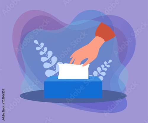 Hand taking tissue out of box. Person using napkin for blowing nose, cleaning hands or surface flat vector illustration. Hygiene, illness concept for banner, website design or landing web page