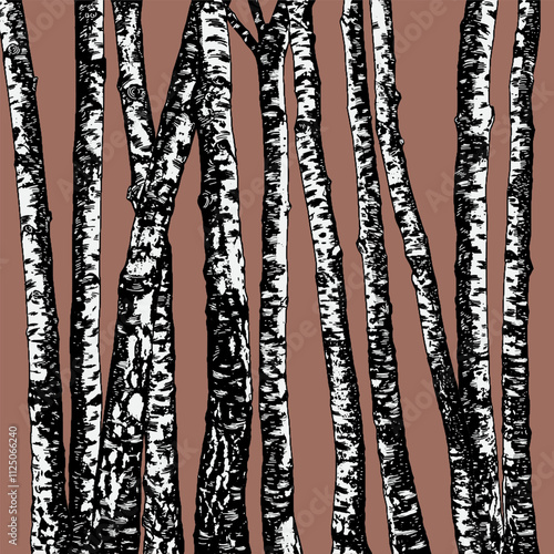 Set of Birch tree pattern. Vector birch or aspen trees with leaves. Hand draw realistic trees. Grove background. Pattern suitable for laser cutting or print, design on a brown background.