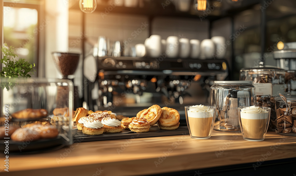 A cozy café scene featuring pastries and coffee, showcasing a warm ambiance with a wooden counter and an espresso machine in the background. A cozy café scene featuring pastries and coffee, showcasing a warm ambiance with a wooden counter and an espresso machine in the background.
