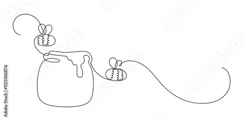 Honey and bees. Continuous line drawing.