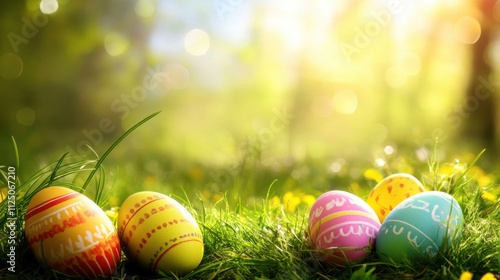 Colorful Easter Eggs on Grass with Soft Blurred Background