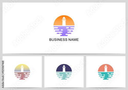 Sunset Sunrise Lighthouse Sea Ocean Logo Design