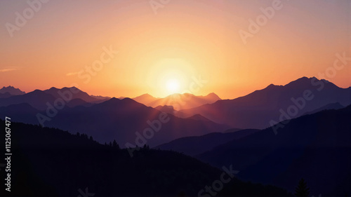 Sunrise over mountain peaks with a glowing horizon