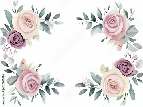 A minimalist floral frame with soft pink and mauve roses surrounded by green leaves, showcasing romantic simplicity.