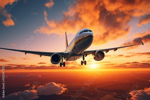 Silhouette of airplane against stunning orange sunset sky. photo