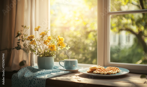 Wallpaper Mural A cozy breakfast scene with waffles, a cup, and flowers by the window, illuminated by warm sunlight, creating a serene and inviting atmosphere. Torontodigital.ca