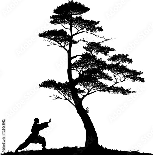 Vektor Silhouette - Mönch mach Übungen vor einem großen Baum - Körper und Geist im Einklang mit der Natur - Design Element - Meditation und Ausgleich