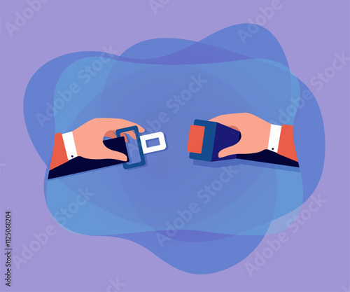 Hands fastening seat belt. Hands of car or airplane passenger connecting parts of seatbelt flat vector illustration. Security or safety, protection concept for banner, website design or landing page