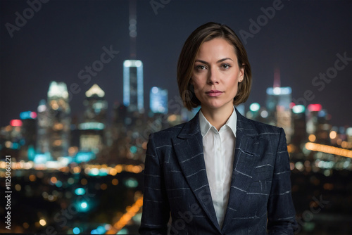 Wallpaper Mural confident woman in a sharp blazer, standing in front of a glowing city skyline Torontodigital.ca