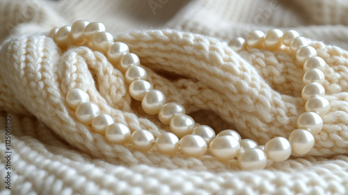 Elegant pearl necklace draped over soft, knitted cream sweater, creating luxurious and cozy atmosphere. Perfect for fashion and jewelry themes