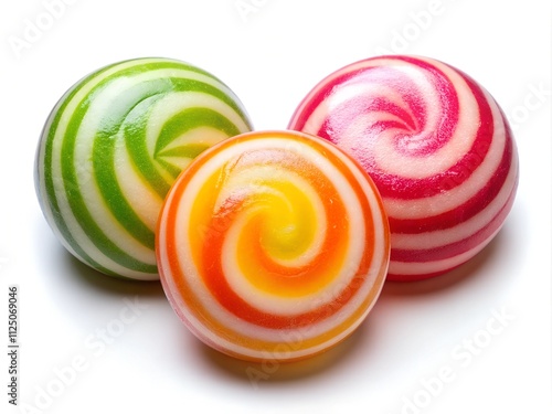 Three round swirl candies in bright colors sit together, creating a cheerful arrangement. Their playful patterns and glossy finishes evoke sweet memories and delight for candy lovers of all ages photo