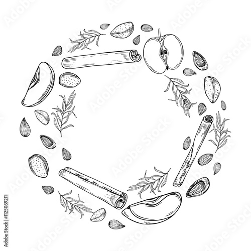 Almond seed, apple slice, cinnamon stick and leaf branch vector wreath painted by black inks. Nuts with fruits, seasoning ingredients monochrome illustration with empty space for text.