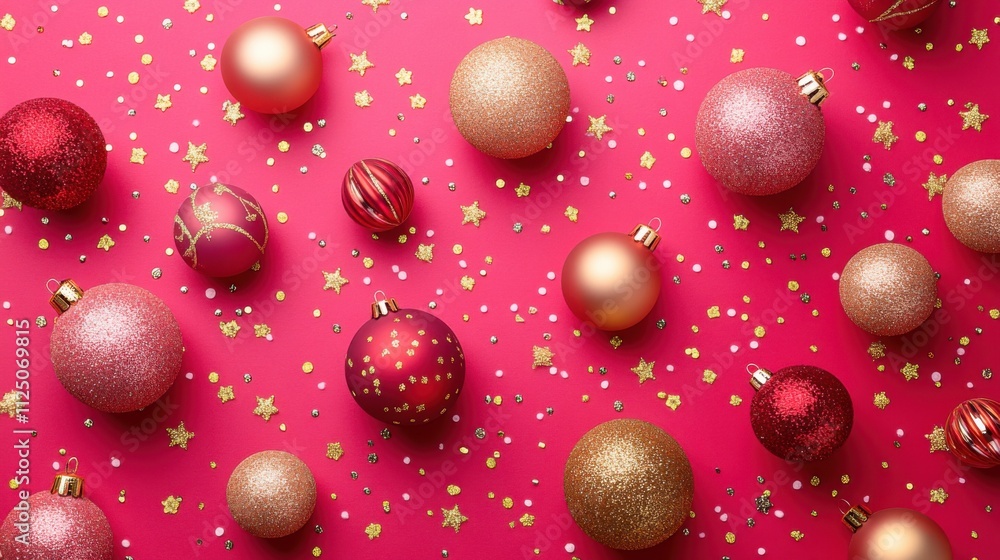 Festive Red Christmas Ornaments and Glittering Stars on Red Background for Holiday Decor Festive Red Christmas Ornaments and Glittering Stars on Red Background for Holiday Decor