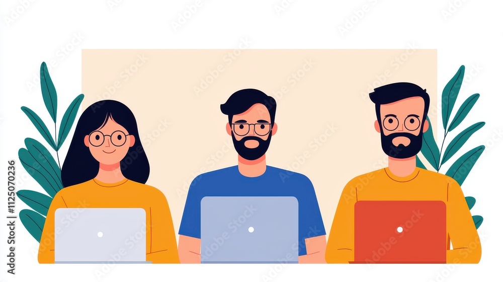 Diverse Team of Professionals Working on Laptops in a Modern Office Environment with Greenery in Background Diverse Team of Professionals Working on Laptops in a Modern Office Environment with Greenery in Background