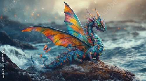 Colorful dragon perched on rocks by ocean waves.