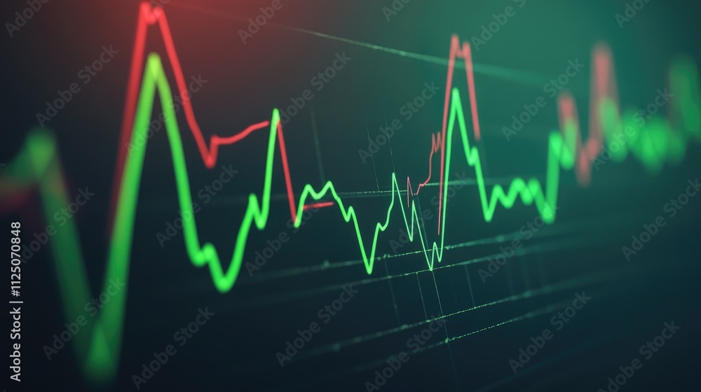 Naklejka premium A close-up of a digital heart rate monitor displaying a heartbeat waveform, vibrant green lines against a dark background, illustrating medical technology