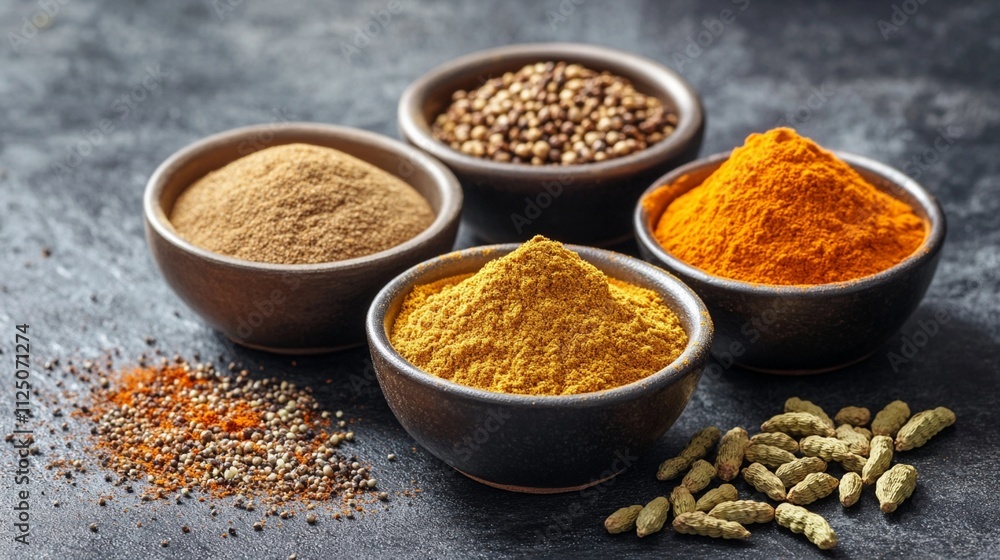 A vibrant collection of colorful spices and herbs displayed in bowls, showcasing a variety of flavors and aromas for culinary inspiration and delicious cooking recipes. A vibrant collection of colorful spices and herbs displayed in bowls, showcasing a variety of flavors and aromas for culinary inspiration and delicious cooking recipes.