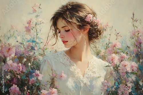 A dreamy portrait of a beautiful woman in a white lace dress surrounded by delicate pink flowers