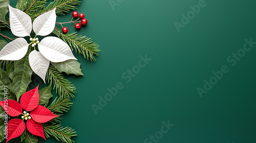 Festive poinsettia arrangement with red and white flowers and pine branches on a green background.