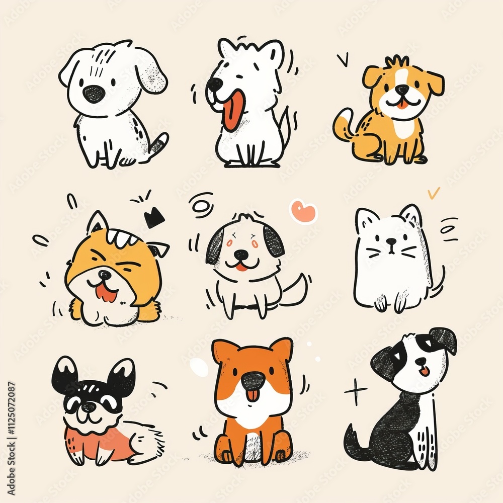 Cute dogs set, pet animal symbols, hand drawn puppy icons silhouettes, funny dog character drawings Cute dogs set, pet animal symbols, hand drawn puppy icons silhouettes, funny dog character drawings