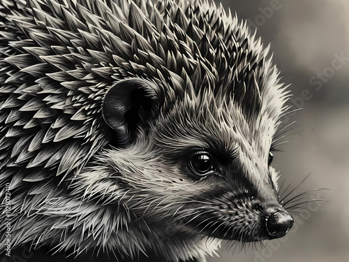 charcoal and pencil drawing portrait of a hedgehog in profile in muted monochrome colors photo