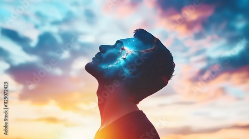 man's silhouette merged with a cosmic background, representing his aspirations and dreams.A dramatic and evocative image, suggesting a strong connection to the universe and the pursuit of higher 