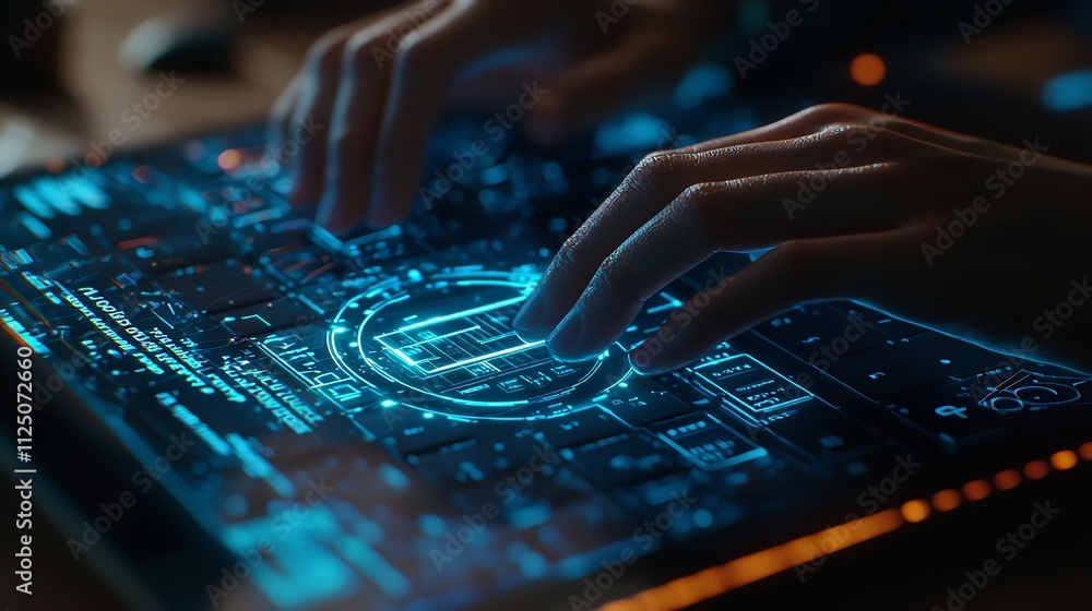 Person Typing on a Laptop with a Holographic Display Person Typing on a Laptop with a Holographic Display