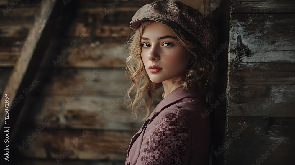 Portrait of a young woman with blonde curly hair wearing a newsboy cap and mauve jacket, leaning against a wooden wall. Portrait of a young woman with blonde curly hair wearing a newsboy cap and mauve jacket, leaning against a wooden wall.