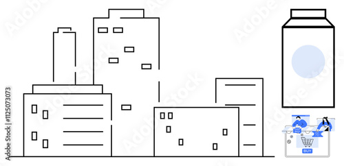 Line art skyscrapers forming cityscape next to a milk carton icon and digital shopping cart with currency. Ideal for urban living, online shopping, e-commerce, city planning, consumer goods