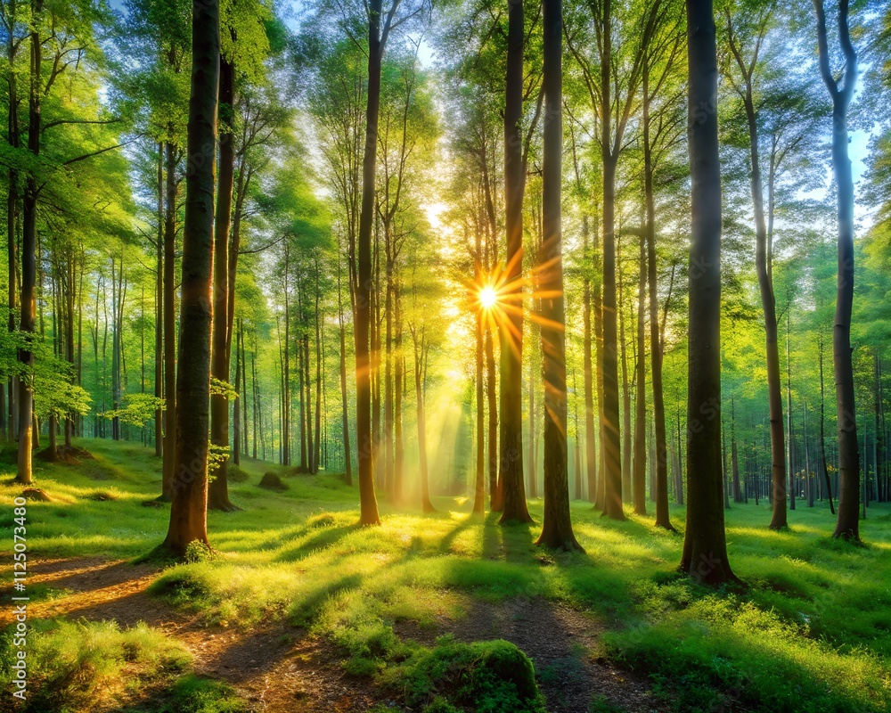 Golden sunlight streams through tall trees, illuminating the lush greenery below. The tranquil forest exudes peace, inviting all to embrace nature\'s beauty at dawn Golden sunlight streams through tall trees, illuminating the lush greenery below. The tranquil forest exudes peace, inviting all to embrace nature\'s beauty at dawn