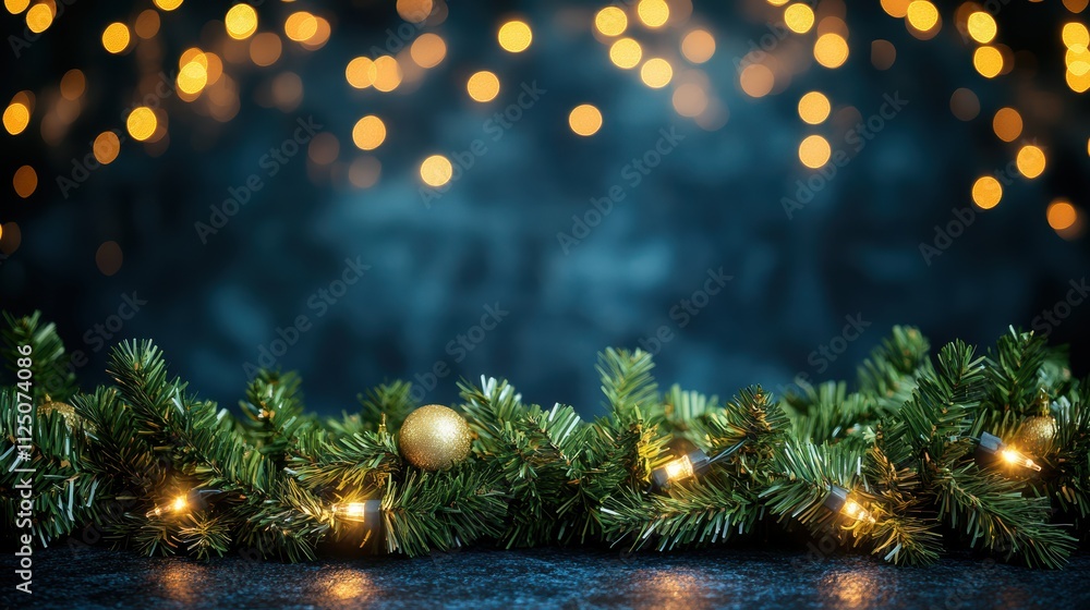 Christmas garland with bokeh lights on dark blue background Christmas garland with bokeh lights on dark blue background