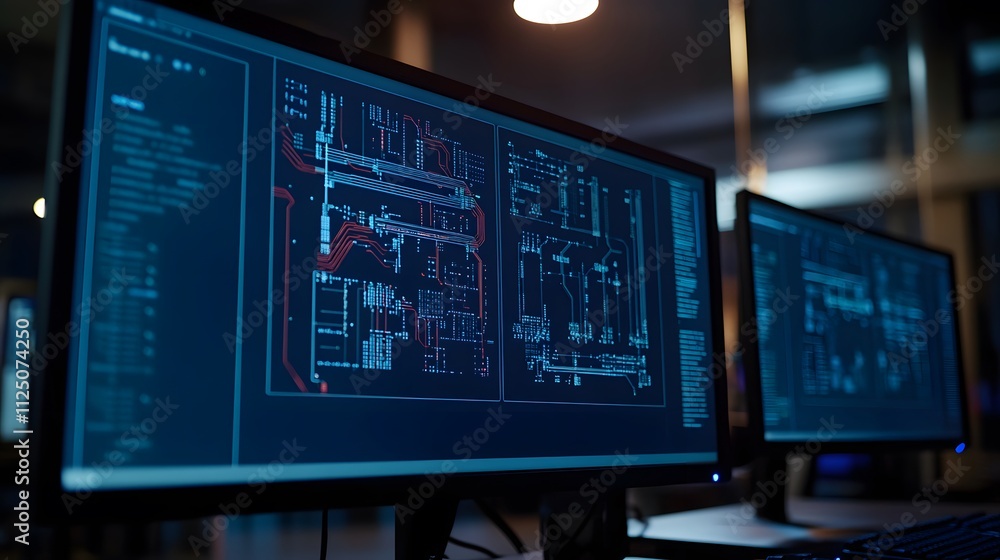 A close-up of monitors displaying electrical flow charts, soft ambient lighting creating an engaging visual effect. A close-up of monitors displaying electrical flow charts, soft ambient lighting creating an engaging visual effect.
