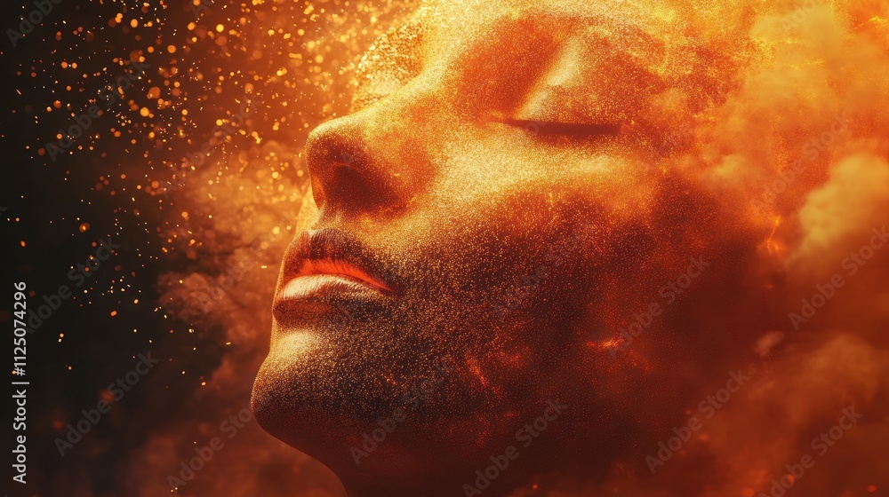 Mystical figure cloaked in shimmering golden particles Mystical figure cloaked in shimmering golden particles