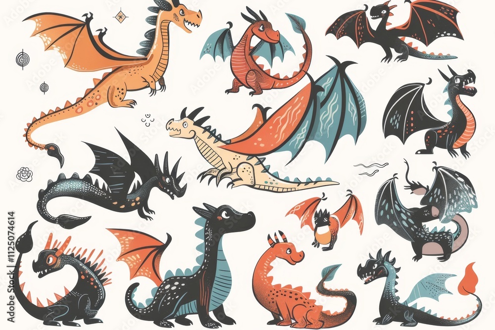 Funny dragons doodle set, cartoon dino, graphic dinosaurs isolated, monster animals Funny dragons doodle set, cartoon dino, graphic dinosaurs isolated, monster animals