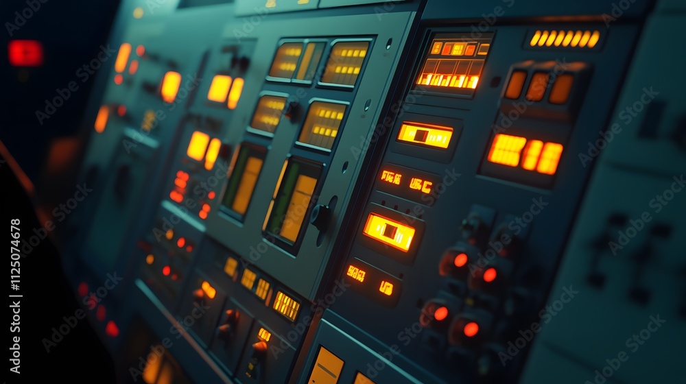 Close-up of an electrical control panel with glowing buttons and indicators, shadows highlighting the intensity of the technician's focus. Close-up of an electrical control panel with glowing buttons and indicators, shadows highlighting the intensity of the technician's focus.