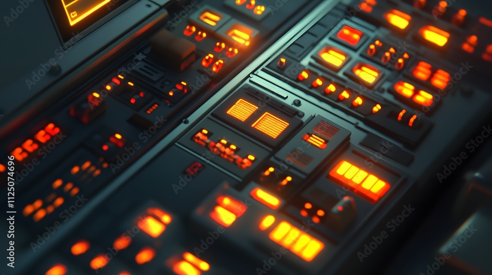 Close-up of an electrical control panel with glowing buttons and indicators, shadows highlighting the intensity of the technician's focus. Close-up of an electrical control panel with glowing buttons and indicators, shadows highlighting the intensity of the technician's focus.