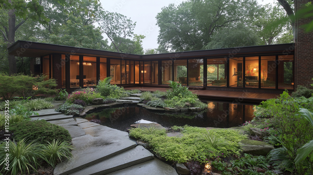Modern Home Tranquility: A serene and minimalist modern home nestled amidst lush greenery with a pond and stepping stones, creating a tranquil sanctuary. Modern Home Tranquility: A serene and minimalist modern home nestled amidst lush greenery with a pond and stepping stones, creating a tranquil sanctuary.