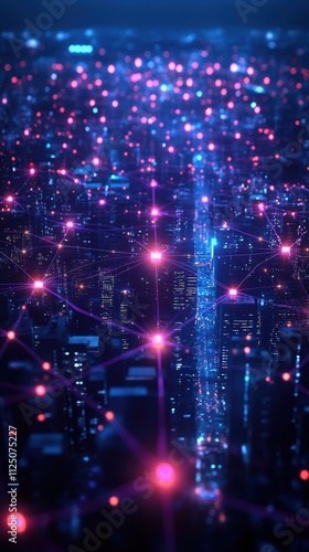 Futuristic 5g network hub with glowing nodes and cityscape
