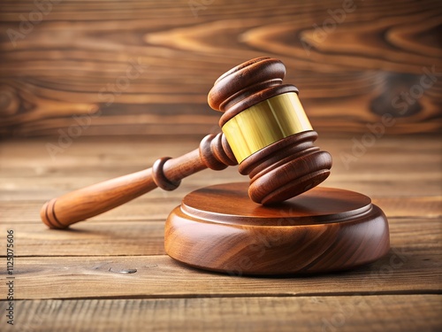 A beautifully crafted wooden gavel lies at an angle on its circular base, set against a backdrop of rich wood textures. This symbolizes the power of law and justice in a serene environment photo