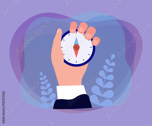 Businessman using compass to find right direction and way. Hand of person holding device for navigation flat vector illustration. Guide, vision concept for banner, website design or landing web page