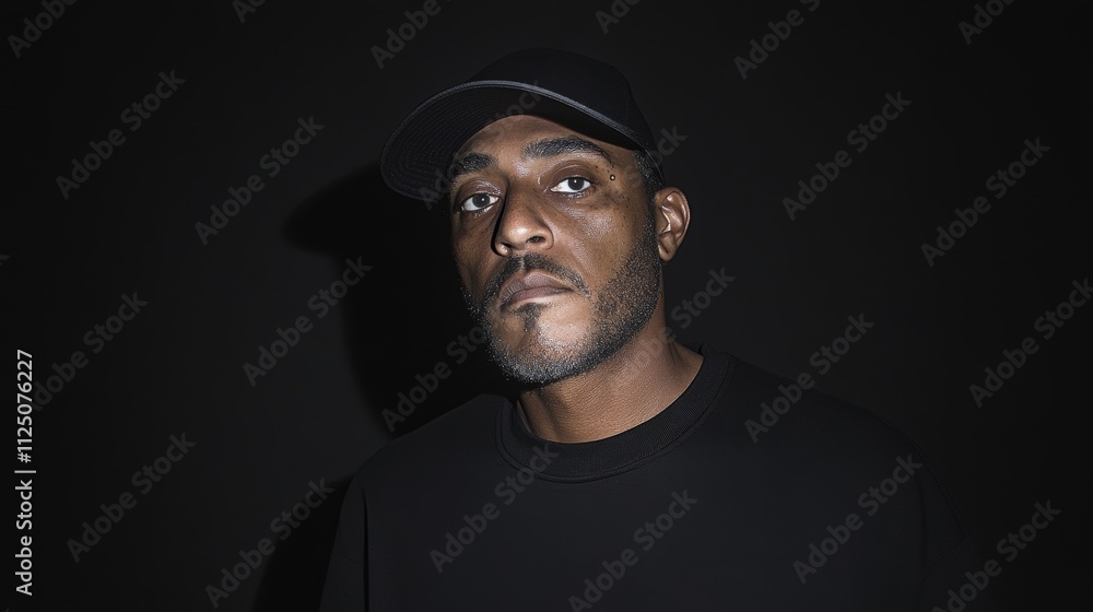 Moody portrait of a serious man wearing a black baseball cap against a dark background, highlighting facial features. Moody portrait of a serious man wearing a black baseball cap against a dark background, highlighting facial features.