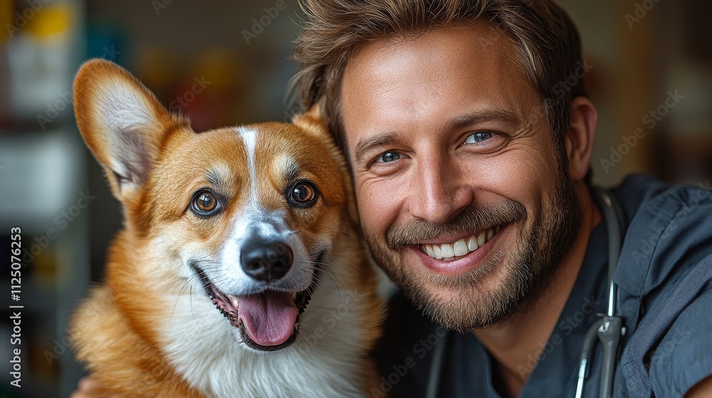 Smiling veterinarian happily embraces a cheerful corgi in a friendly veterinary clinic setting, showcasing pet care and bonding. Smiling veterinarian happily embraces a cheerful corgi in a friendly veterinary clinic setting, showcasing pet care and bonding.