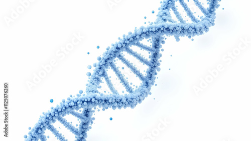 Stylized 3D rendering of a DNA double helix composed of light blue spheres and smaller blue spheres, suggesting genetic material and cellular processes. Isolated on white background.