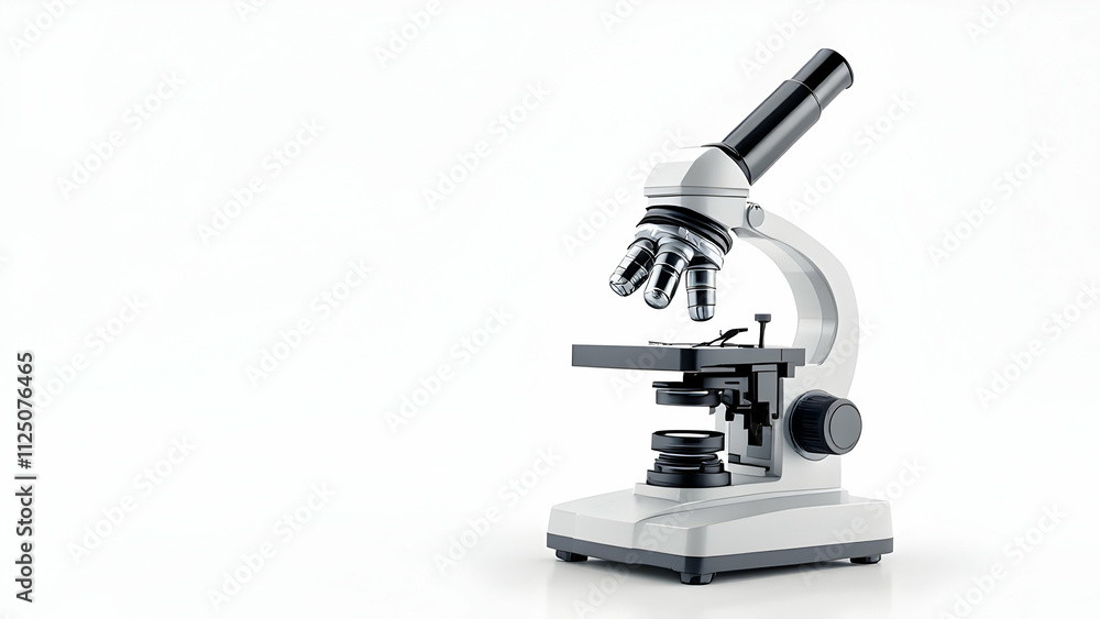A sleek, modern compound light microscope is shown in a 3D rendering, isolated on a white background. Its lenses and stage are clearly visible, suggesting scientific use. A sleek, modern compound light microscope is shown in a 3D rendering, isolated on a white background. Its lenses and stage are clearly visible, suggesting scientific use.