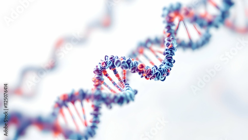 Closeup of a 3D rendered DNA double helix. The model shows the intricate, spiraling structure with colorcoded base pairs, representing the genetic code of life.
