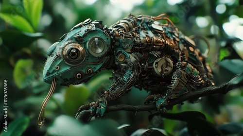 Steampunk chameleon robot in jungle. photo