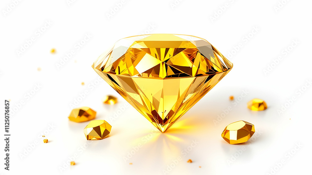 A large, brilliant cut yellow diamond sits center, surrounded by smaller, roughcut yellow gems on a white background. The main diamond sparkles intensely. A large, brilliant cut yellow diamond sits center, surrounded by smaller, roughcut yellow gems on a white background. The main diamond sparkles intensely.
