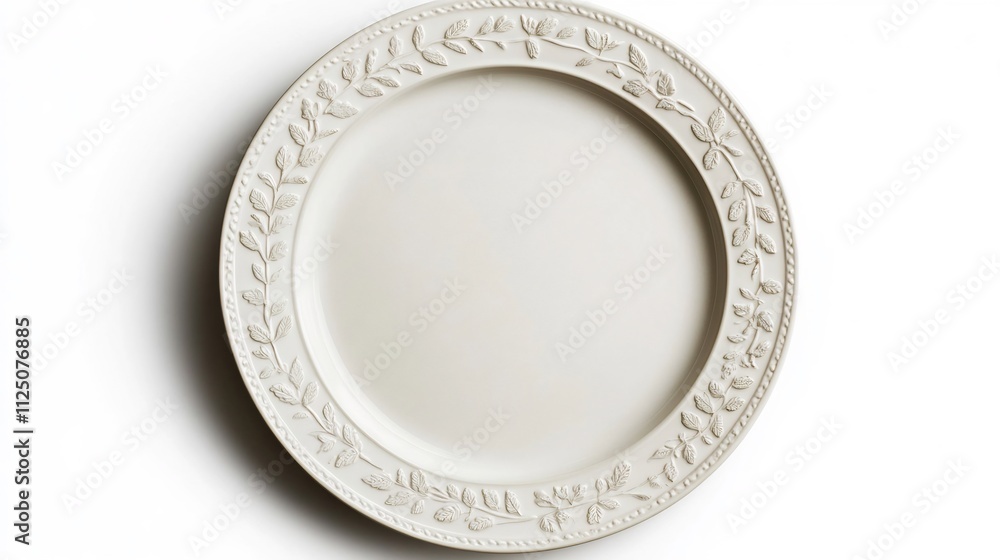 Elegant White Porcelain Plate with Delicate Floral Design,Isolated on White Background Elegant White Porcelain Plate with Delicate Floral Design,Isolated on White Background