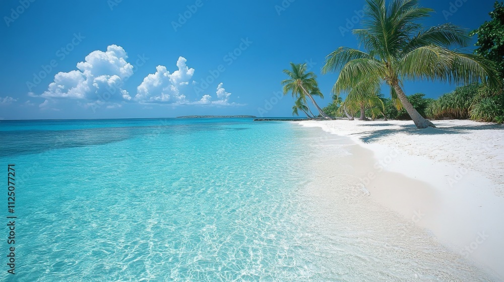 Naklejka premium Idyllic Tropical Beach Scene With Palm Trees And Clear Water
